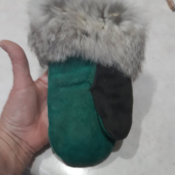 Children's Leather and Real Fur mittens - green leather - Picture 8 of 11